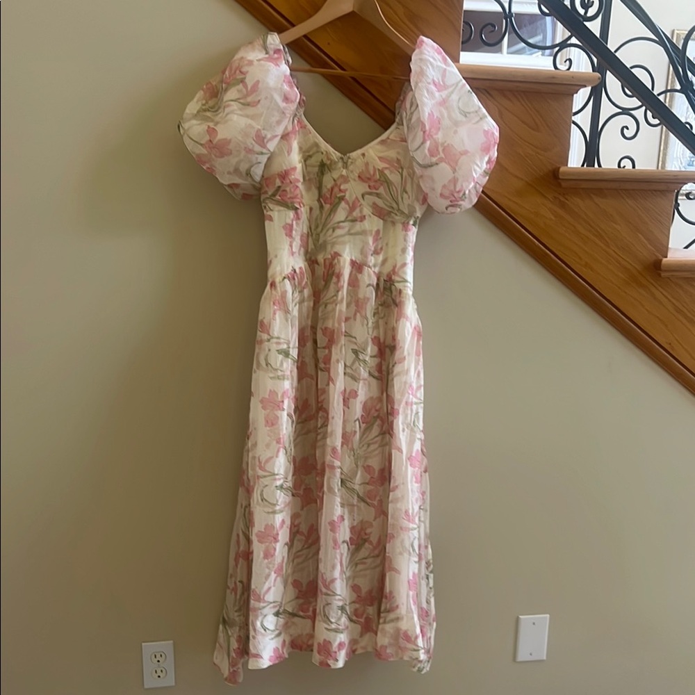 Anthropologie ASTR Floral Puff Sleeve Dress Size Medium Cream,Pink,Green NWT